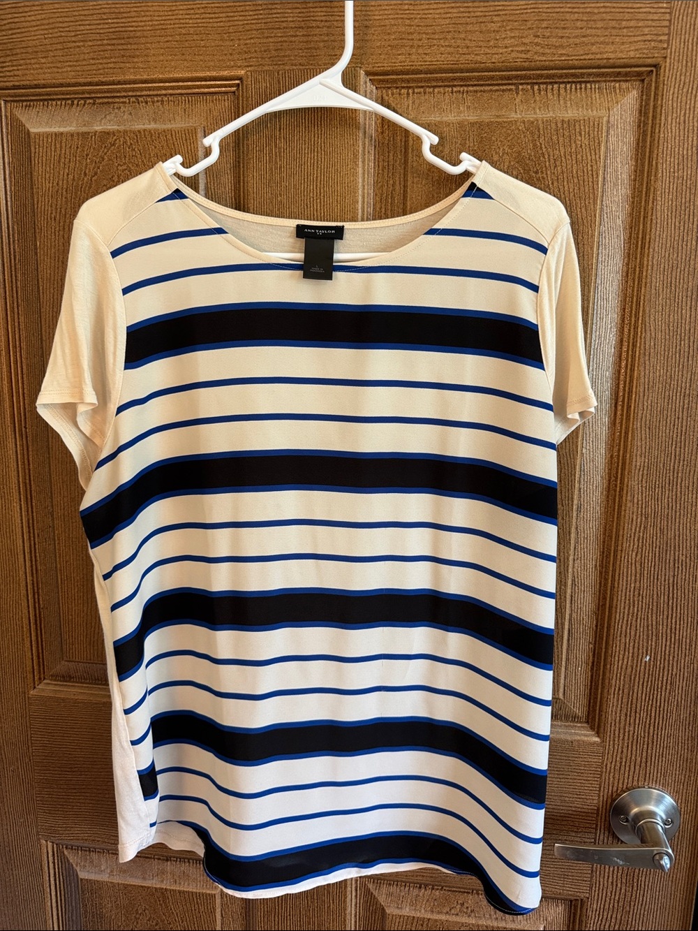 Ann Taylor Cream/light Tan Top with Black and Royal Blue Stripes